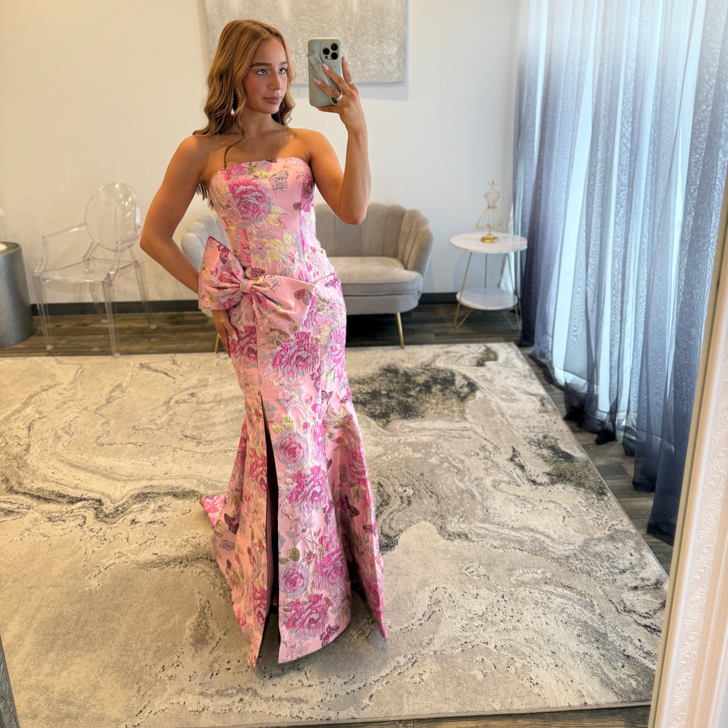 Sherri Hill 57762 Rose Gold Floral Brocade Print Prom Dress with Bow 