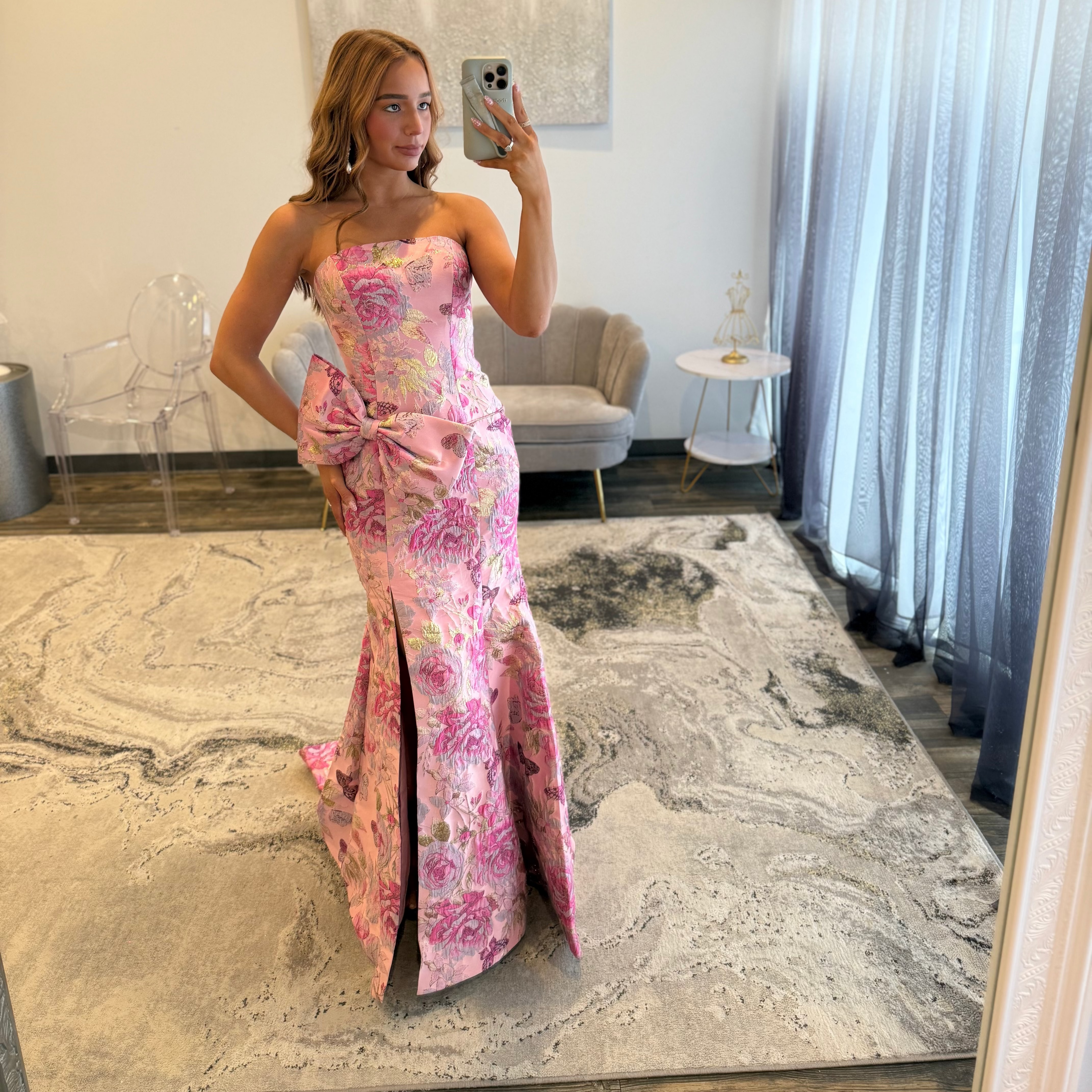 Sherri Hill 57762 Rose Gold Floral Brocade Print Prom Dress with Bow 