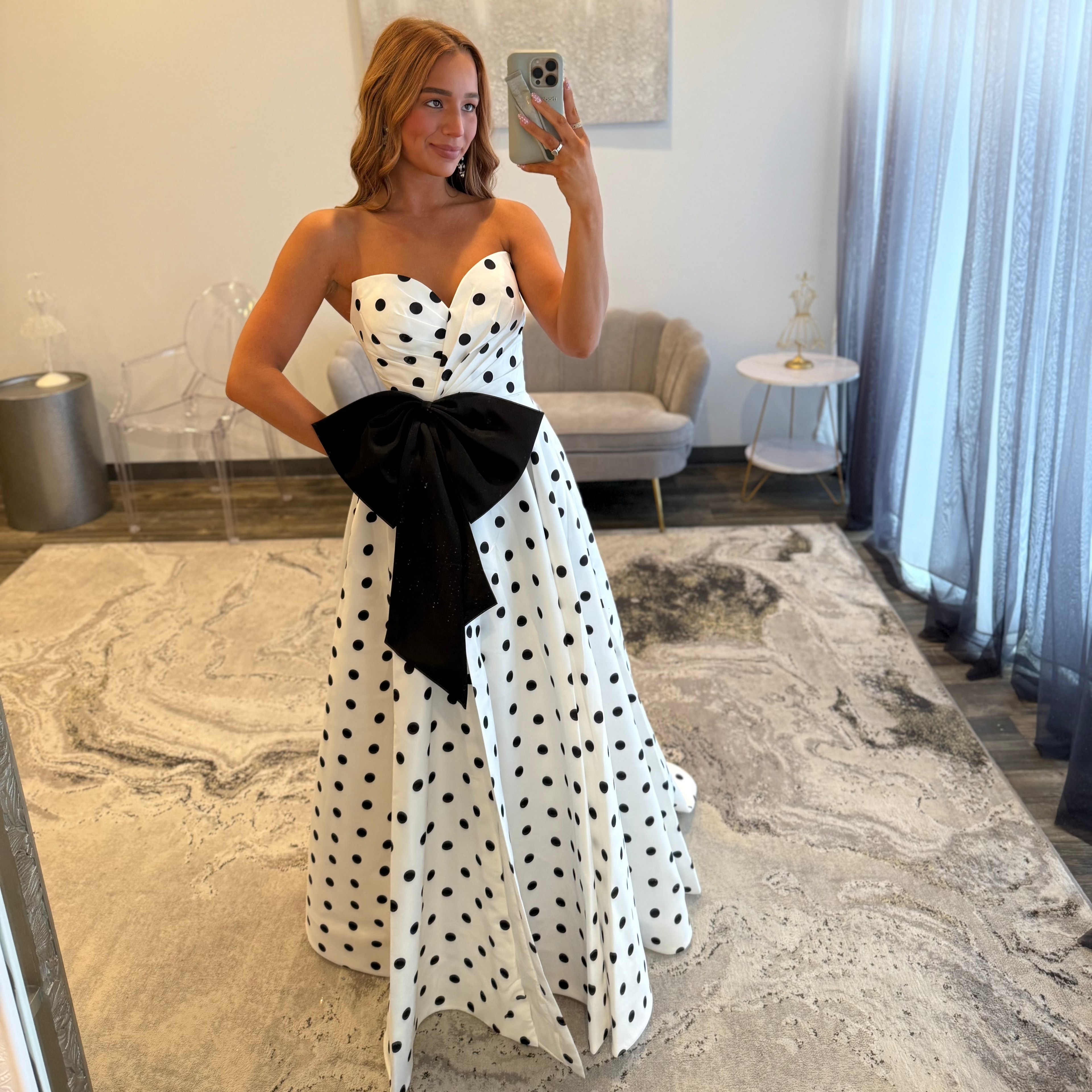 Sherri Hill 57804 Ivory Black Black Polka Dot Prom Dress