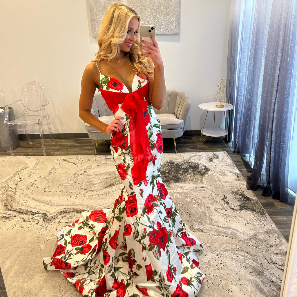 Sherri Hill 57818 Ivory Red Floral Print Prom Dress 