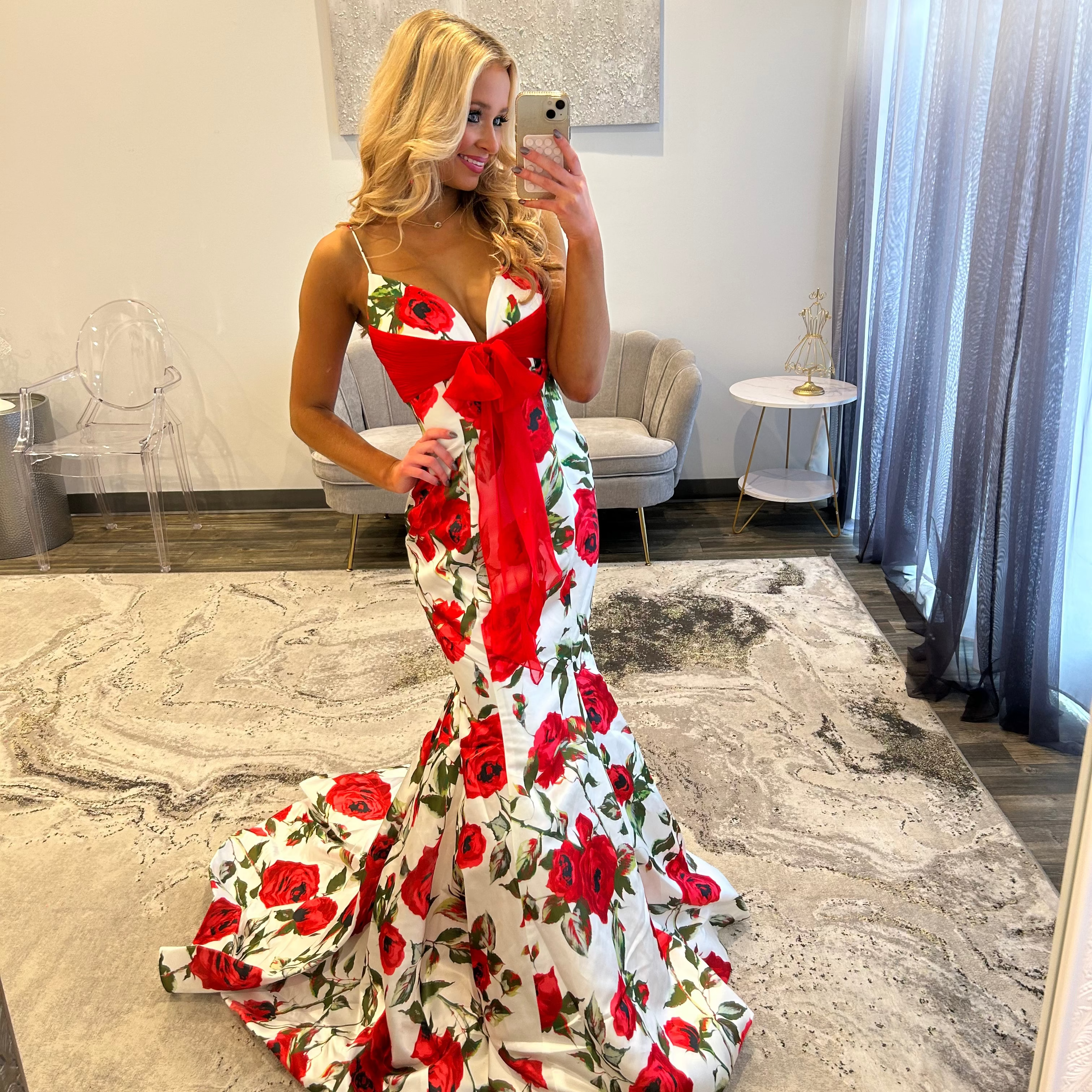 Sherri Hill 57818 Ivory Red Floral Print Prom Dress 