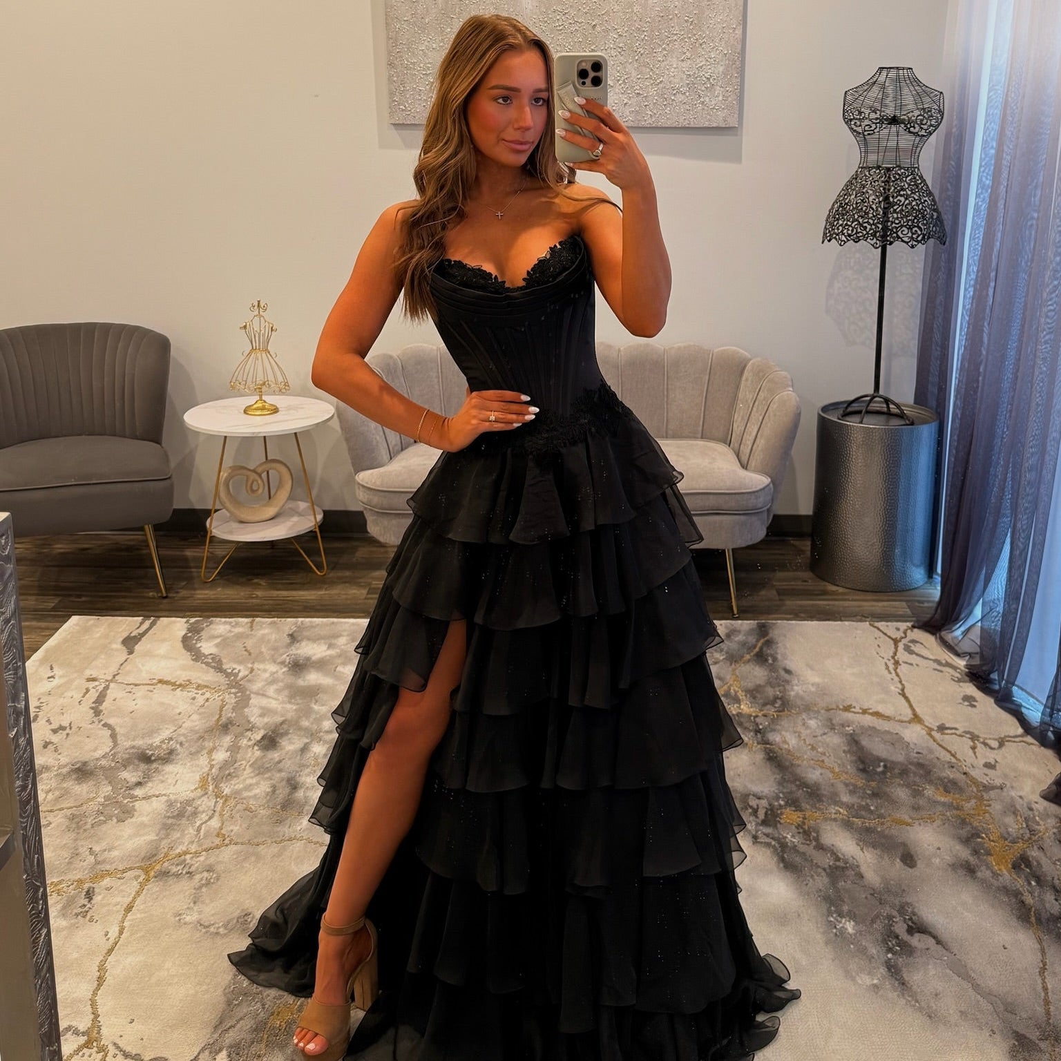 Sherri Hill 57868 Black Prom Dress with Ruffles and Slit 