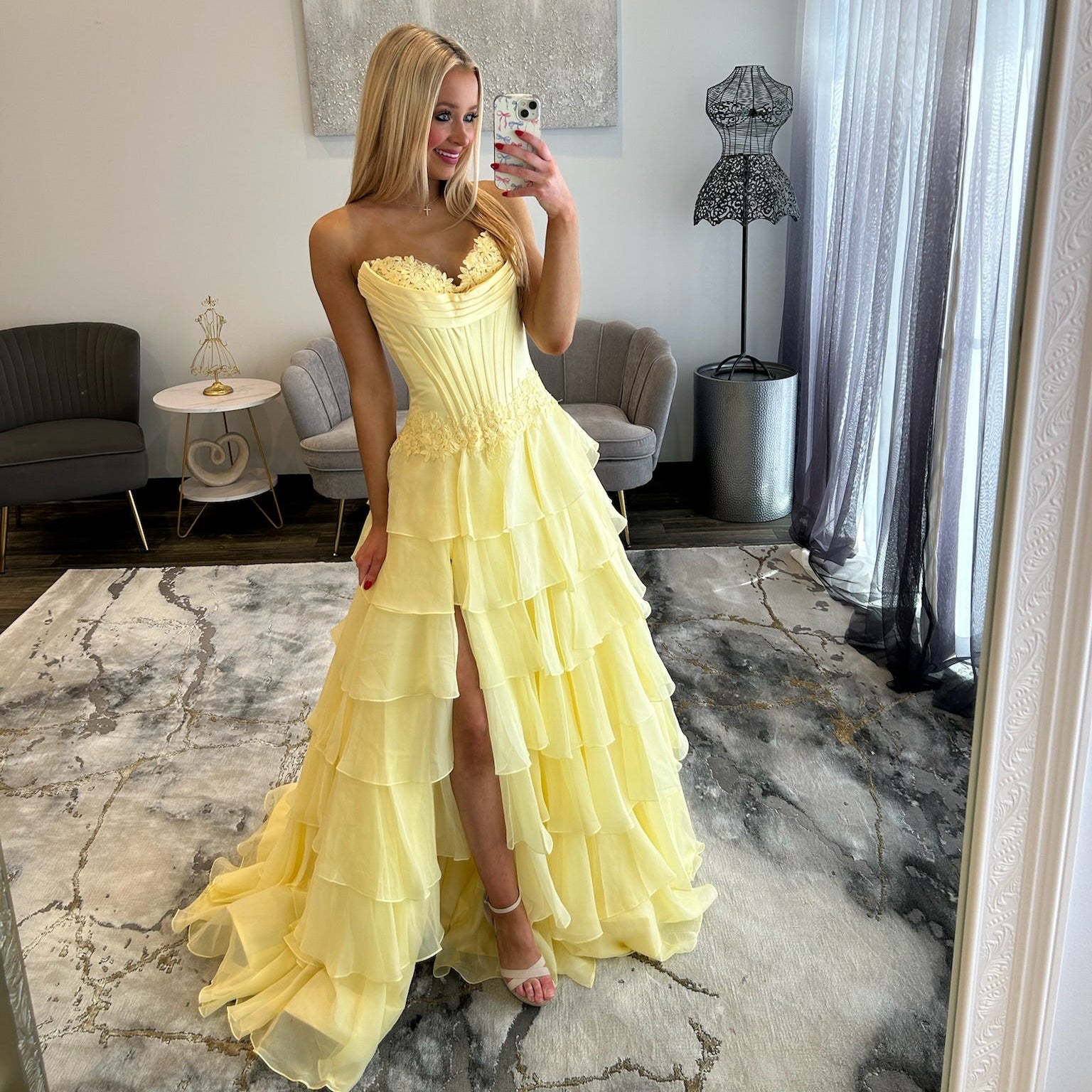 Sherri Hill 57868 Yellow Prom Dress with Ruffles and Slit 