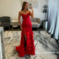 Sherri Hill 57874 Red Prom Dress with Ruffles and a Slit, Lace and Chiffon