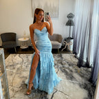 Sherri Hill 57878 Light Blue Prom Dress with Lace and Chiffon Ruffles 