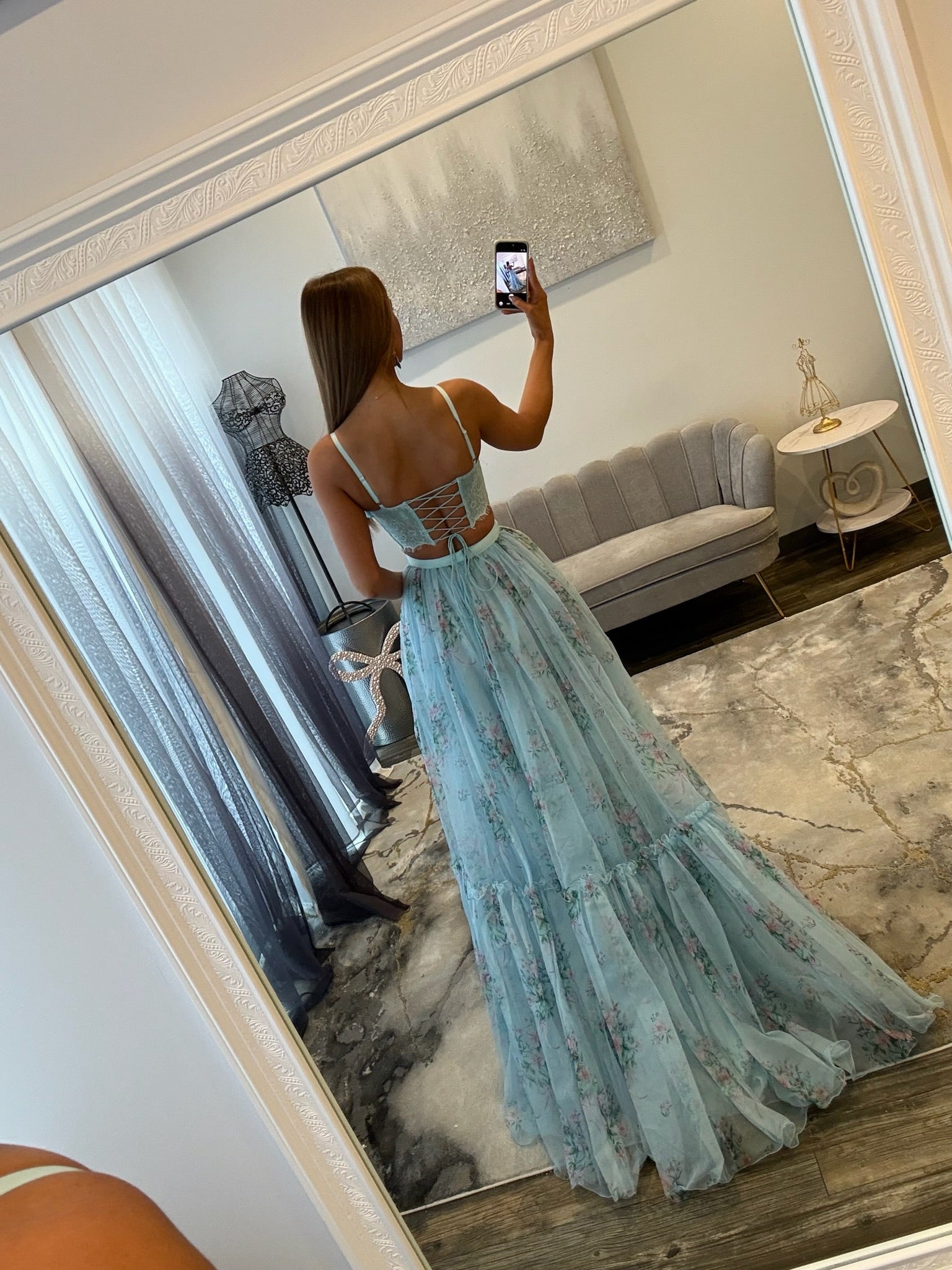 Sherri Hill 57953 Light Blue Print Prom Dress JoycesTPR  Back 
