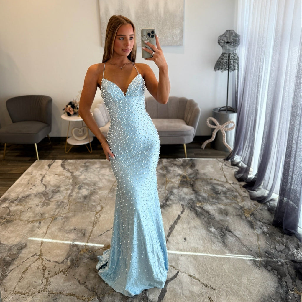 Sherri Hill 58004 Light Blue Silver Pearl Prom Dress