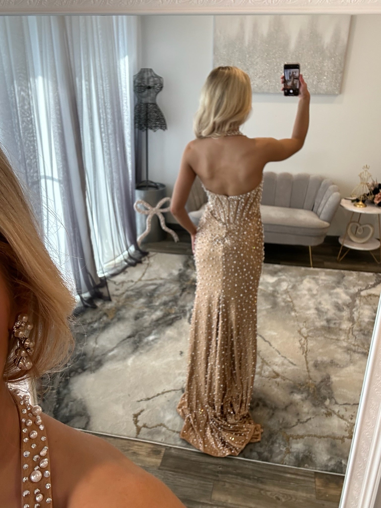 Sherri Hill 58005 Nude Pearl Halter Prom Dress JoycesTPR Back 