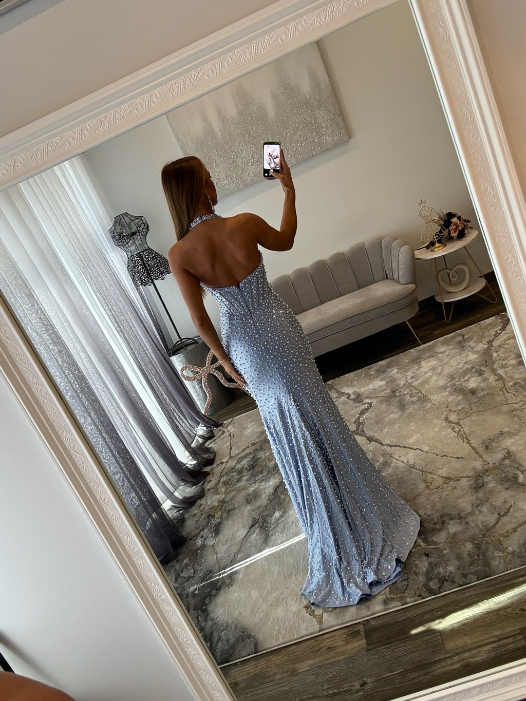 Sherri Hill 58005 Periwinkle Ivory Pearl Halter Prom Dress JoycesTPR Back 