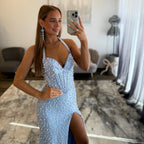 Sherri Hill 58005 Periwinkle Pearl Halter Prom Dress JoycesTPR Close Up 