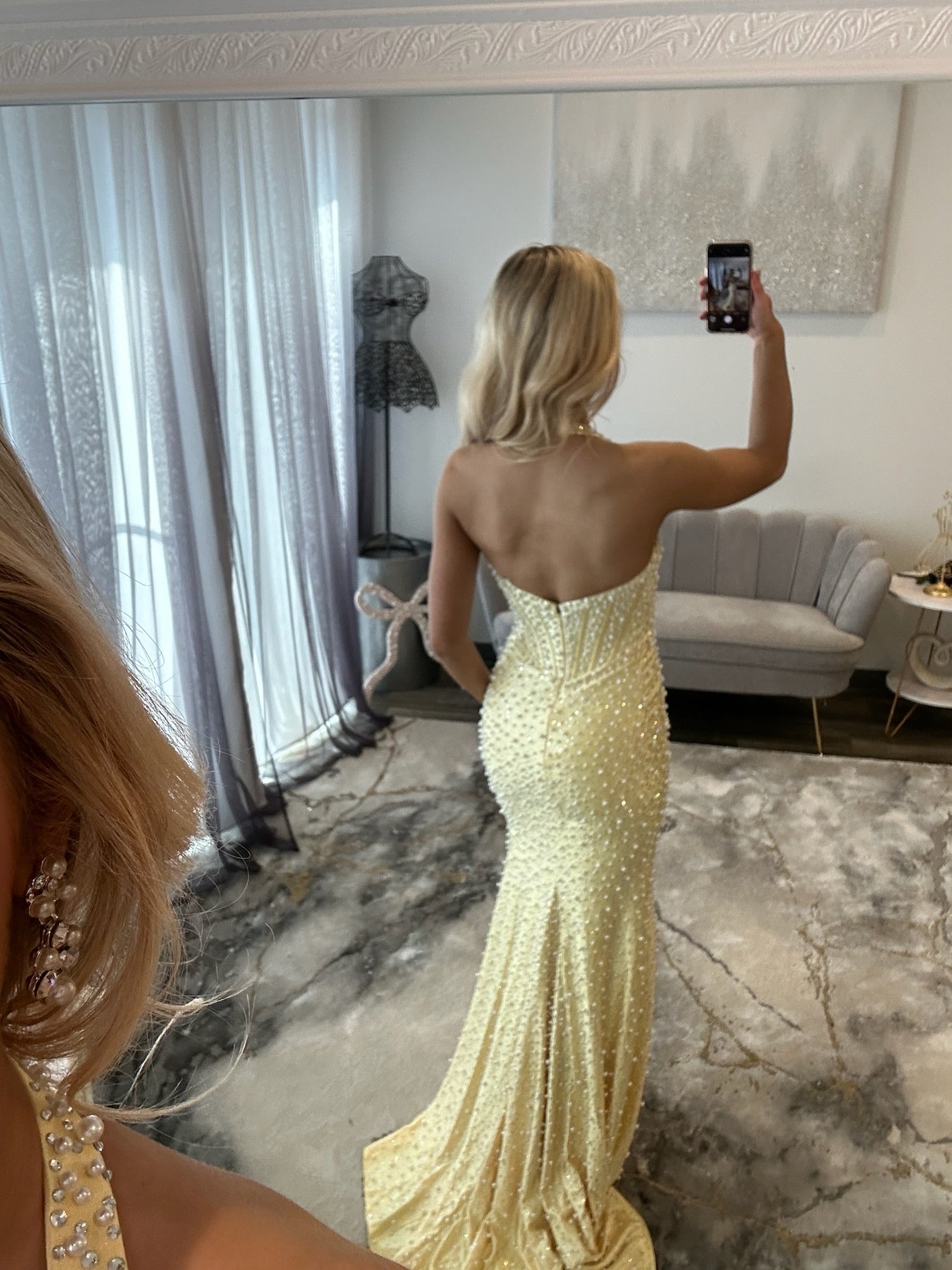 Sherri Hill 58005 Yellow Ivory Pearl Halter Prom Dress JoycesTPR Back 