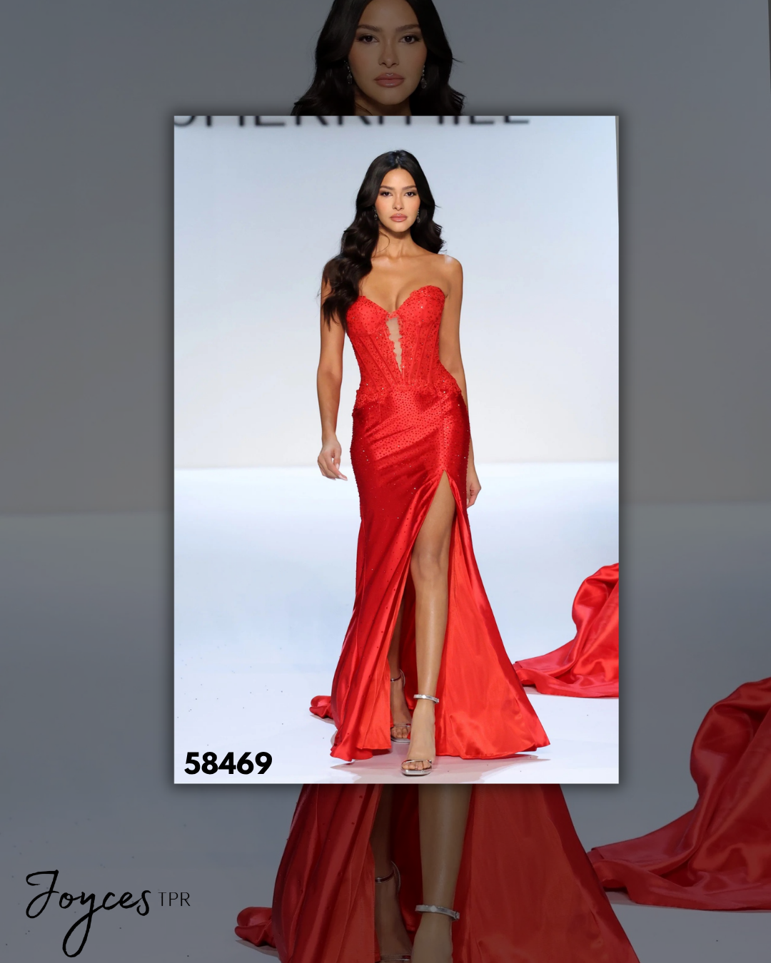 Shop Sherri Hill 58449, a strapless fitted gown with a lace corset bodice, keyhole detail, sparkling hot fix skirt and high slit at Joyce’sTPR.