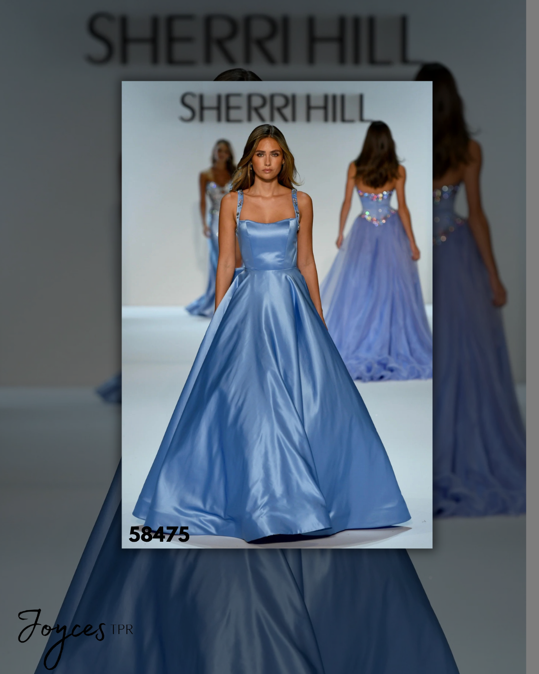 Shop Sherri Hill 58475, a satin A-line gown featuring an open back and beautiful beaded embellishments for an elegant formal look at Joyce’sTPR.