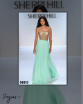 Shop Sherri Hill 58513, a two-piece A-line gown featuring a sparkling beaded bodice and flowing chiffon skirt with gold detailing at Joyce’sTPR.
