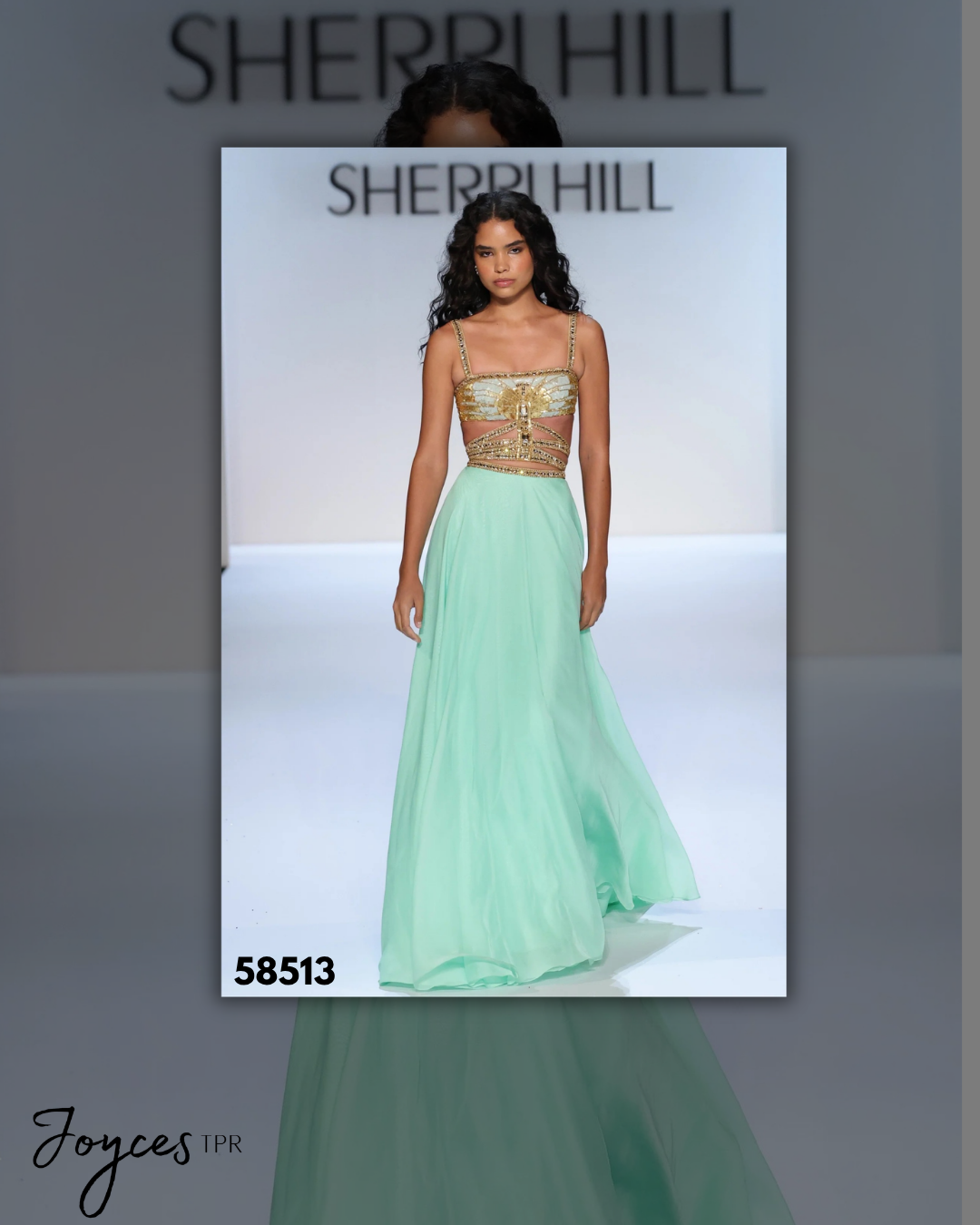 Shop Sherri Hill 58513, a two-piece A-line gown featuring a sparkling beaded bodice and flowing chiffon skirt with gold detailing at Joyce’sTPR.