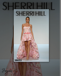 Shop Sherri Hill 58652, a strapless floral print high-low gown featuring a structured corset bodice and dramatic statement skirt at Joyce’sTPR.