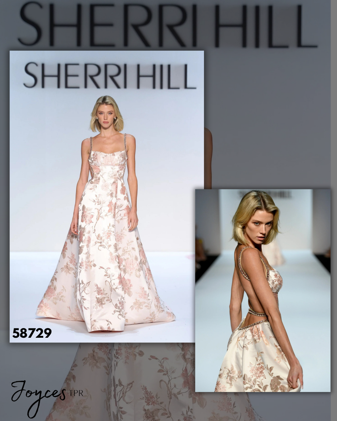 Shop Sherri Hill 58729, an A-line brocade gown in Blush Print featuring an open back and beautiful beaded embellishments at Joyce’sTPR.