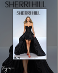 Shop Sherri Hill 58779, a strapless high-low gown featuring a lace corset bodice and dramatic statement skirt at Joyce’sTPR.