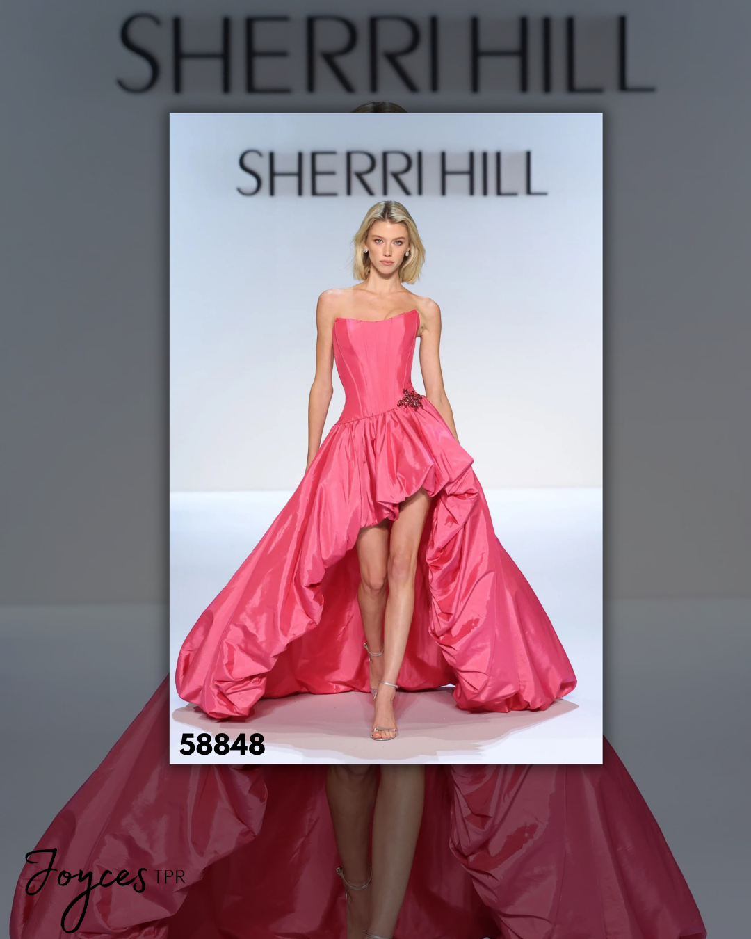 Shop Sherri Hill 58848, a strapless high-low gown featuring a corset bodice, sparkling bead embellishments and a dramatic statement skirt at Joyce’sTPR.