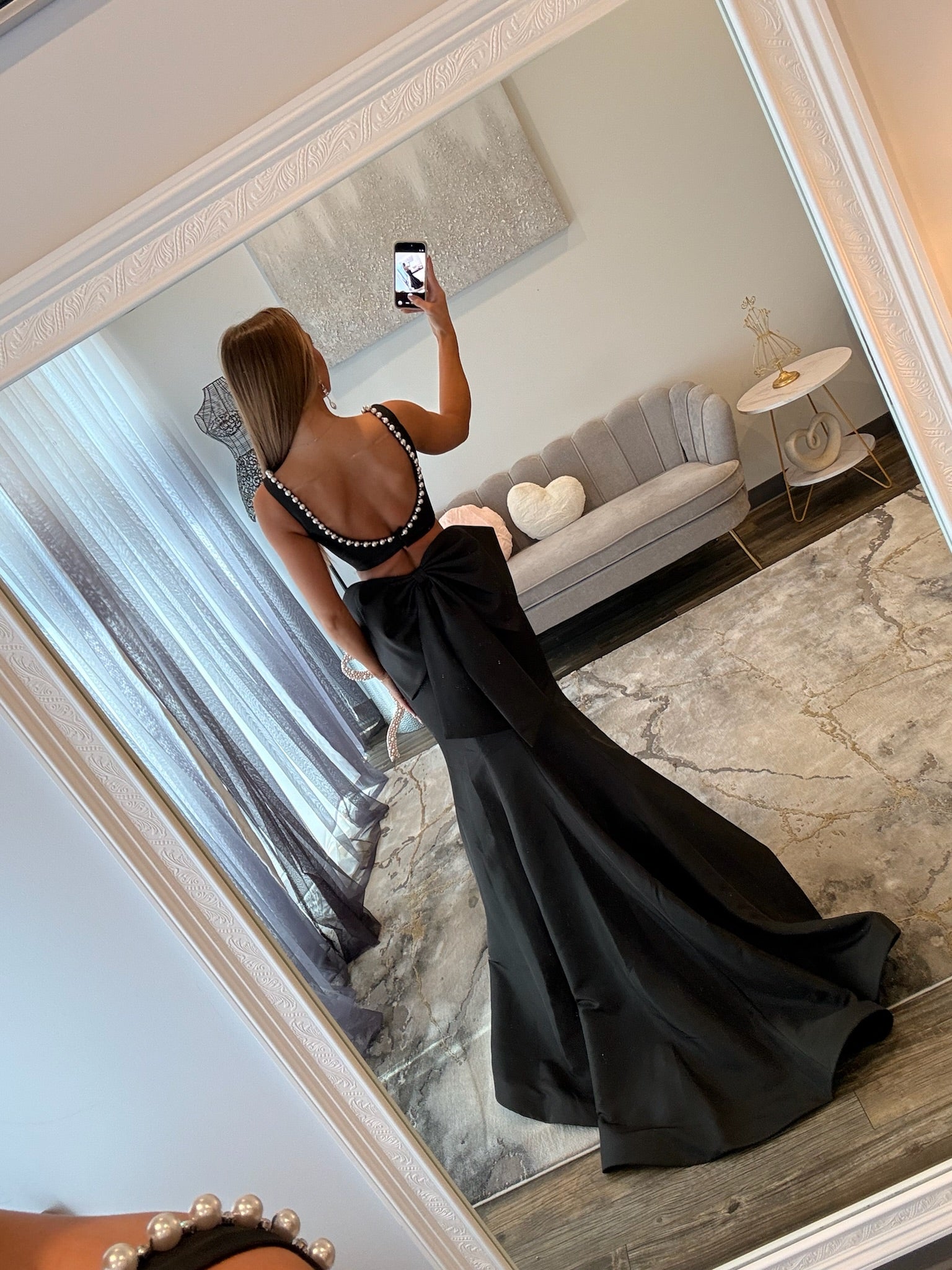 Sherri Hill Black Pearl Prom Dress Back with Bow 