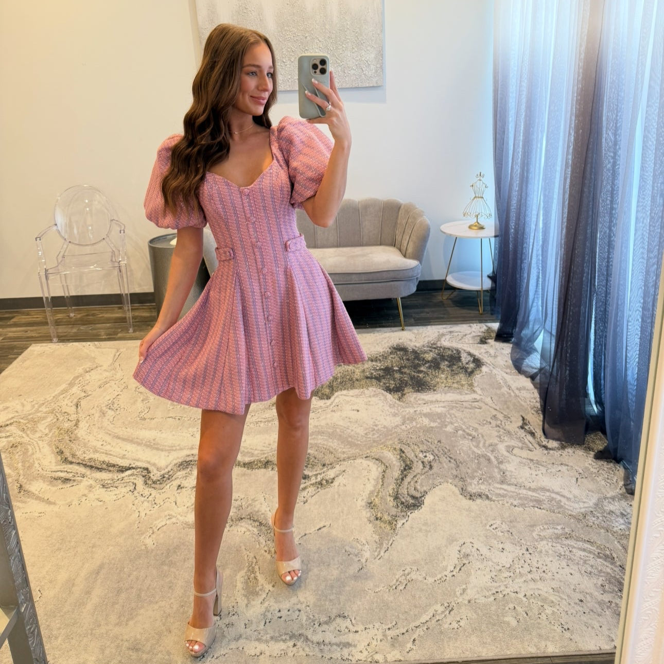 Tweed, Puff Sleeve, Fitted Waist, Short Dress